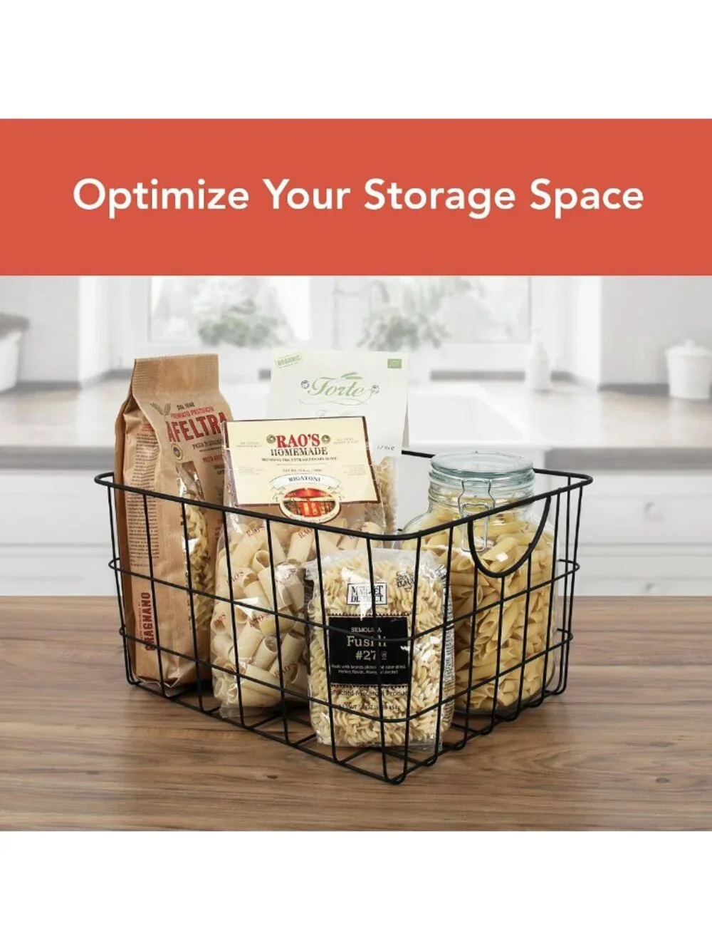 Large Black Metal Wire Basket with Handle - Utility Storage Bin for Kitchen